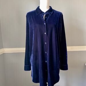Soft Surroundings Navy Velvet Button Front Tunic Top Women’s Large Quiet Luxury